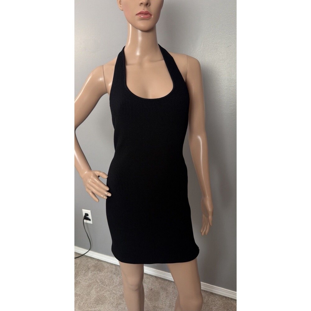 Babaton Aritzia Women's Ribbed Short Black Bodycon Size Medium Mini Halter Dress